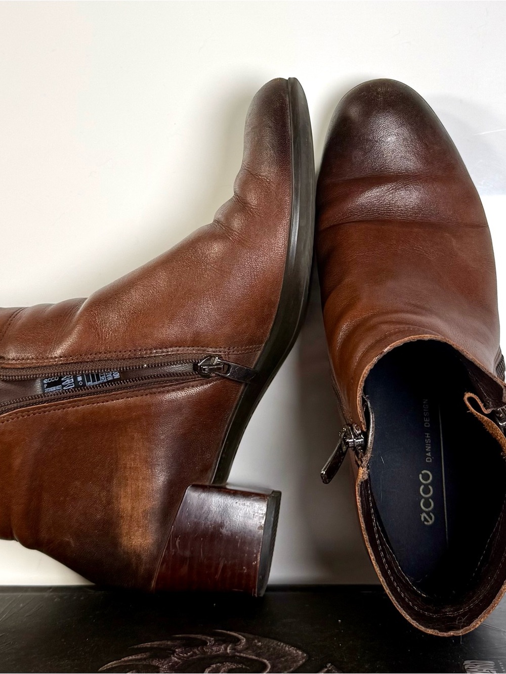 Ecco Women's Brown Leather Heeled Ankle Boots with Side Zip